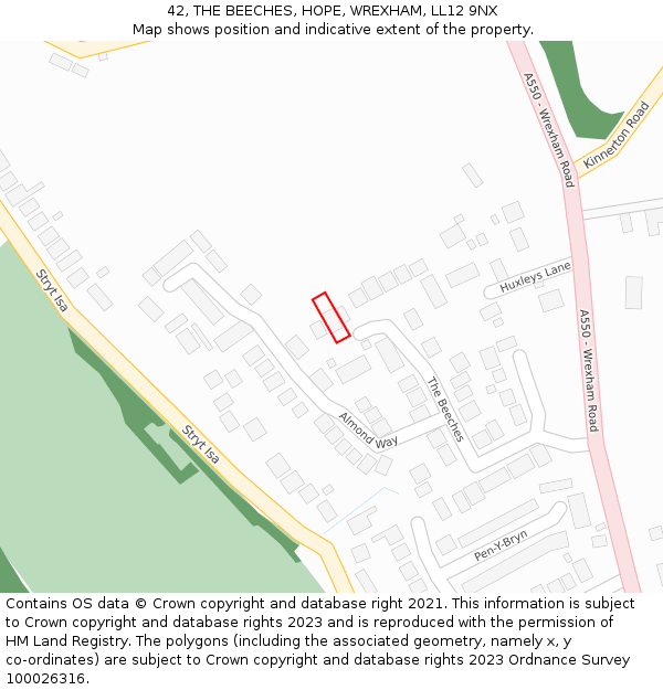 42, THE BEECHES, HOPE, WREXHAM, LL12 9NX: Location map and indicative extent of plot