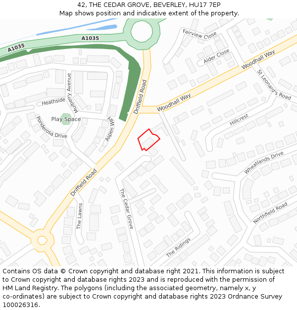 42, THE CEDAR GROVE, BEVERLEY, HU17 7EP: Location map and indicative extent of plot