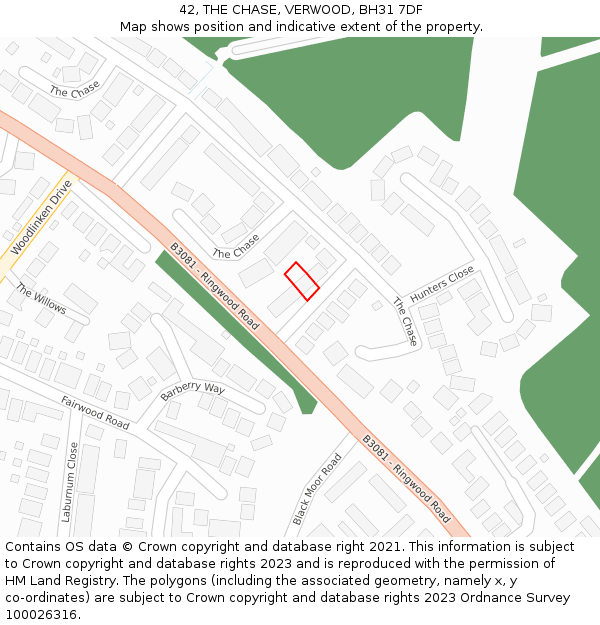 42, THE CHASE, VERWOOD, BH31 7DF: Location map and indicative extent of plot