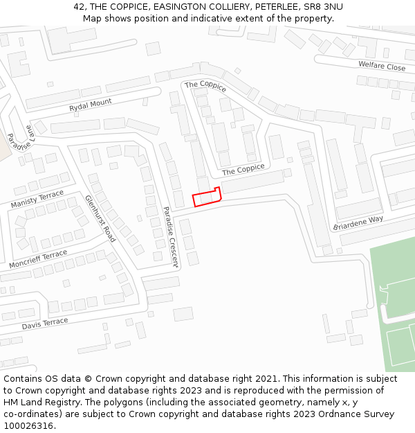 42, THE COPPICE, EASINGTON COLLIERY, PETERLEE, SR8 3NU: Location map and indicative extent of plot