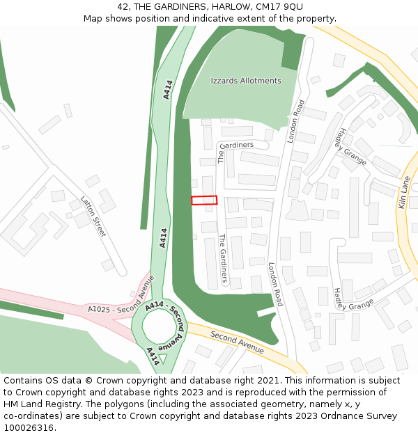 42, THE GARDINERS, HARLOW, CM17 9QU: Location map and indicative extent of plot