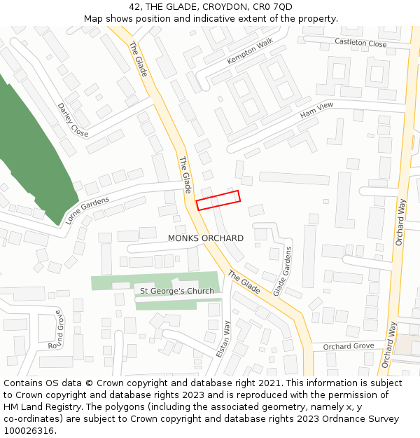 42, THE GLADE, CROYDON, CR0 7QD: Location map and indicative extent of plot