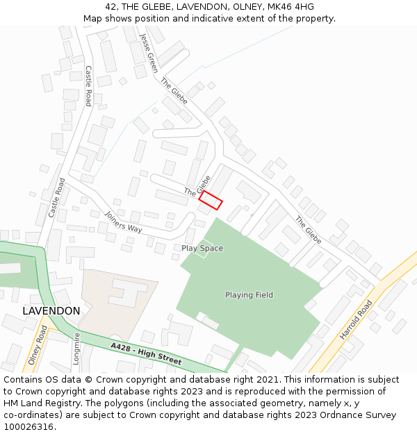 42, THE GLEBE, LAVENDON, OLNEY, MK46 4HG: Location map and indicative extent of plot