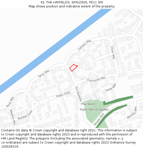 42, THE HAYFIELDS, SPALDING, PE11 3FE: Location map and indicative extent of plot