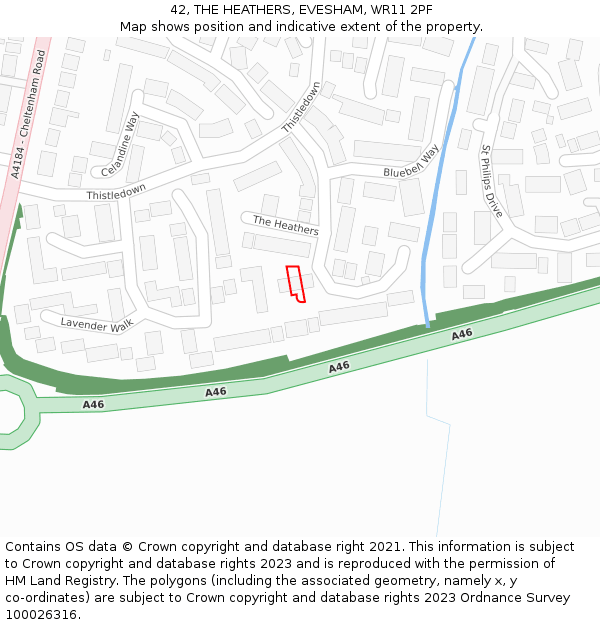 42, THE HEATHERS, EVESHAM, WR11 2PF: Location map and indicative extent of plot