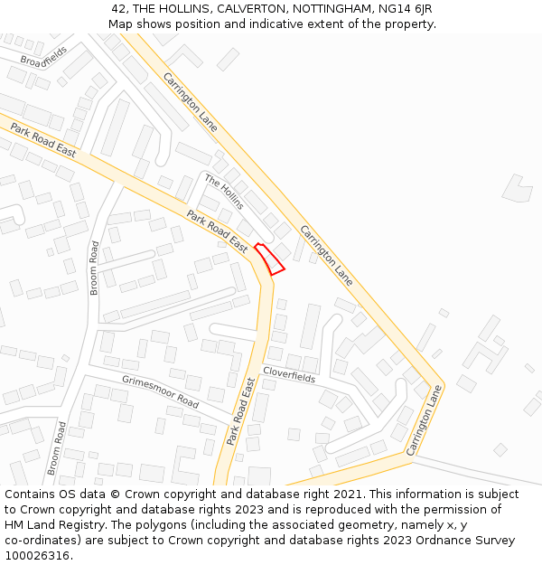 42, THE HOLLINS, CALVERTON, NOTTINGHAM, NG14 6JR: Location map and indicative extent of plot