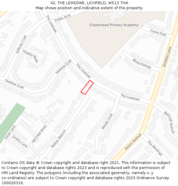 42, THE LEASOWE, LICHFIELD, WS13 7HA: Location map and indicative extent of plot