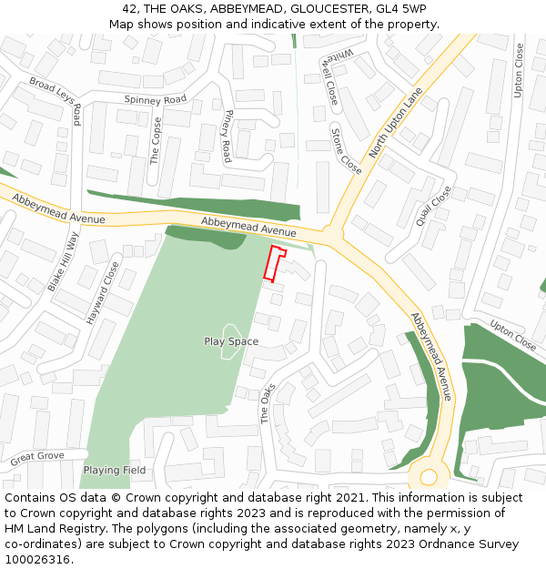 42, THE OAKS, ABBEYMEAD, GLOUCESTER, GL4 5WP: Location map and indicative extent of plot