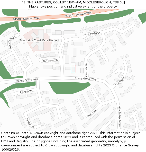 42, THE PASTURES, COULBY NEWHAM, MIDDLESBROUGH, TS8 0UJ: Location map and indicative extent of plot