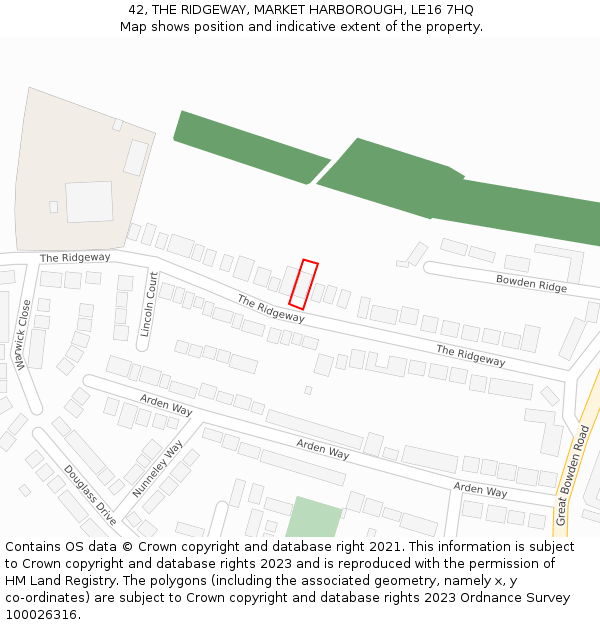 42, THE RIDGEWAY, MARKET HARBOROUGH, LE16 7HQ: Location map and indicative extent of plot