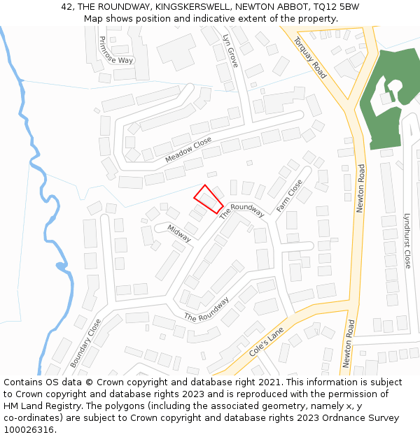 42, THE ROUNDWAY, KINGSKERSWELL, NEWTON ABBOT, TQ12 5BW: Location map and indicative extent of plot