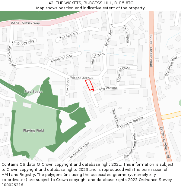 42, THE WICKETS, BURGESS HILL, RH15 8TG: Location map and indicative extent of plot