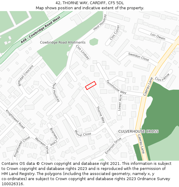 42, THORNE WAY, CARDIFF, CF5 5DL: Location map and indicative extent of plot