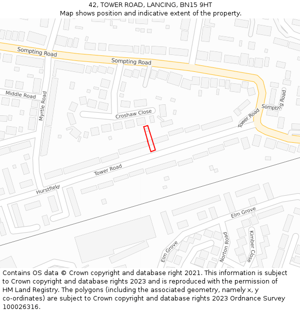 42, TOWER ROAD, LANCING, BN15 9HT: Location map and indicative extent of plot