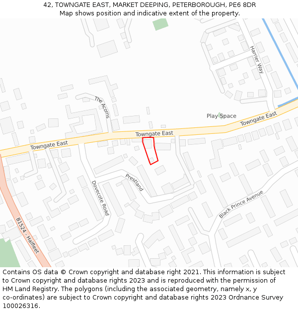 42, TOWNGATE EAST, MARKET DEEPING, PETERBOROUGH, PE6 8DR: Location map and indicative extent of plot