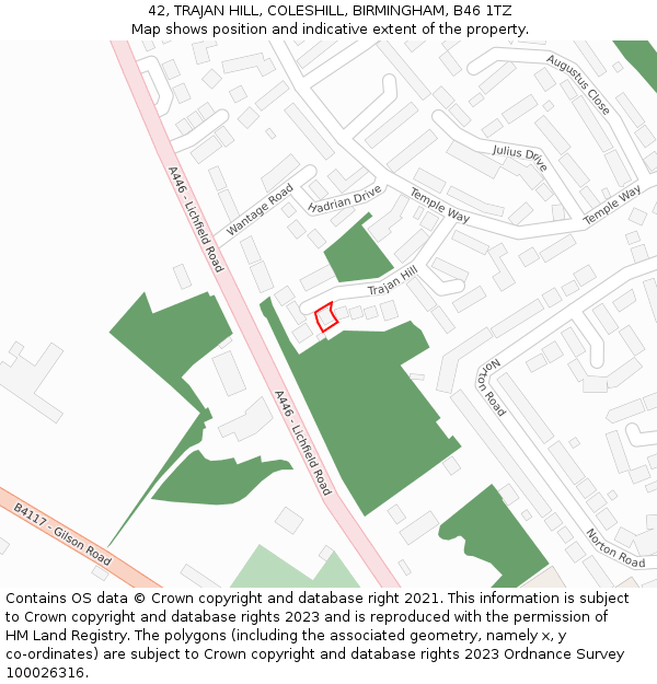 42, TRAJAN HILL, COLESHILL, BIRMINGHAM, B46 1TZ: Location map and indicative extent of plot