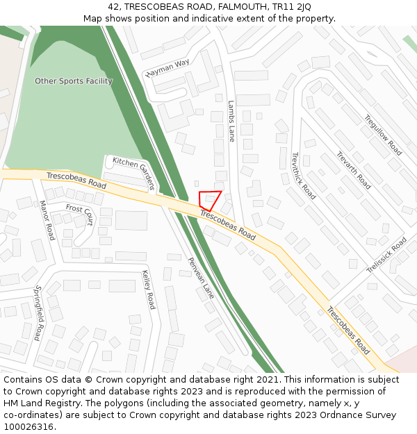 42, TRESCOBEAS ROAD, FALMOUTH, TR11 2JQ: Location map and indicative extent of plot