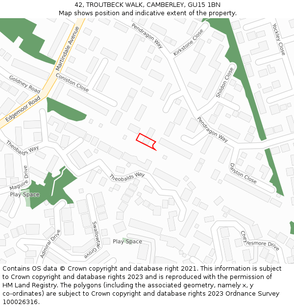 42, TROUTBECK WALK, CAMBERLEY, GU15 1BN: Location map and indicative extent of plot