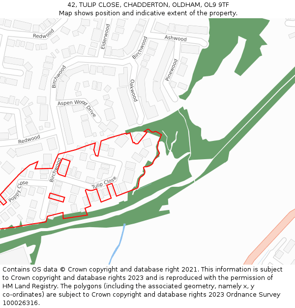 42, TULIP CLOSE, CHADDERTON, OLDHAM, OL9 9TF: Location map and indicative extent of plot