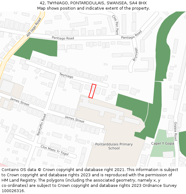 42, TWYNIAGO, PONTARDDULAIS, SWANSEA, SA4 8HX: Location map and indicative extent of plot