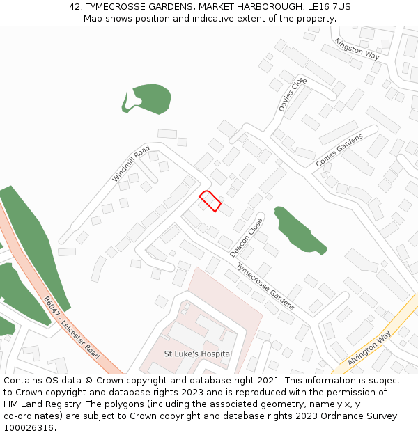 42, TYMECROSSE GARDENS, MARKET HARBOROUGH, LE16 7US: Location map and indicative extent of plot