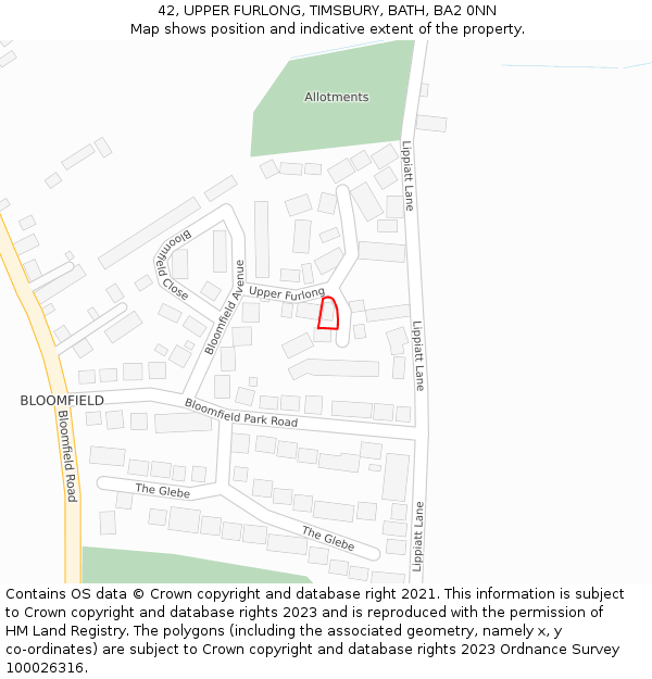 42, UPPER FURLONG, TIMSBURY, BATH, BA2 0NN: Location map and indicative extent of plot
