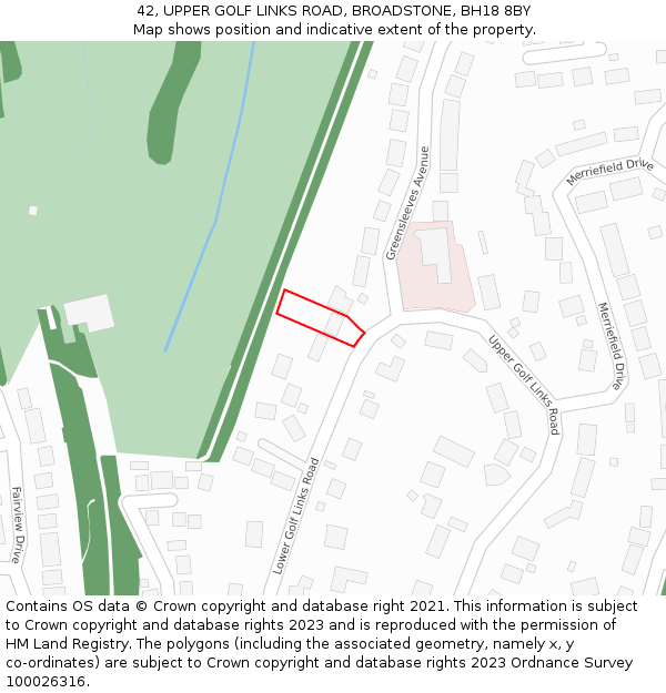 42, UPPER GOLF LINKS ROAD, BROADSTONE, BH18 8BY: Location map and indicative extent of plot