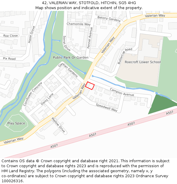 42, VALERIAN WAY, STOTFOLD, HITCHIN, SG5 4HG: Location map and indicative extent of plot