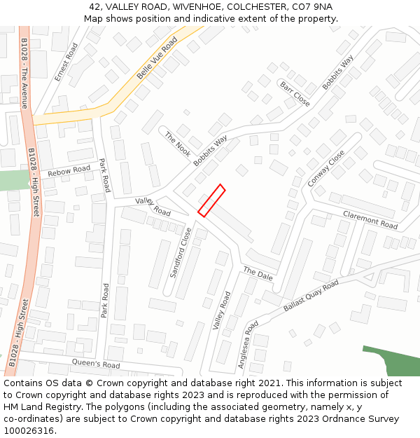 42, VALLEY ROAD, WIVENHOE, COLCHESTER, CO7 9NA: Location map and indicative extent of plot