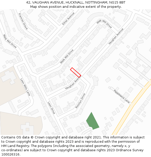 42, VAUGHAN AVENUE, HUCKNALL, NOTTINGHAM, NG15 8BT: Location map and indicative extent of plot