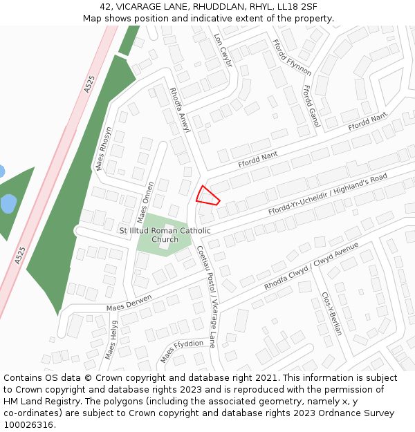 42, VICARAGE LANE, RHUDDLAN, RHYL, LL18 2SF: Location map and indicative extent of plot