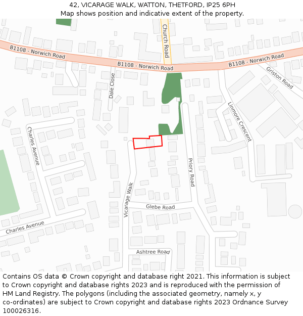 42, VICARAGE WALK, WATTON, THETFORD, IP25 6PH: Location map and indicative extent of plot