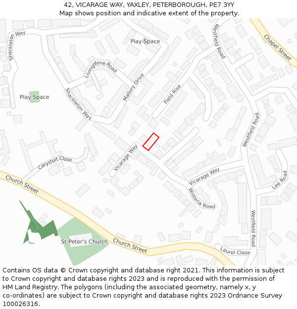 42, VICARAGE WAY, YAXLEY, PETERBOROUGH, PE7 3YY: Location map and indicative extent of plot