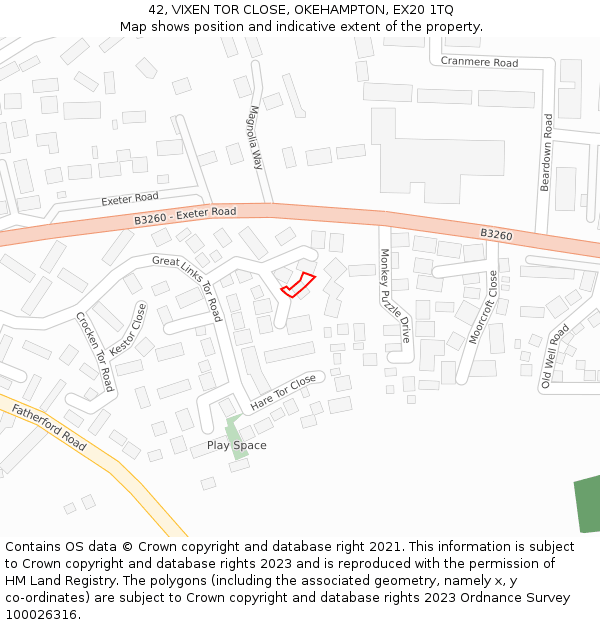 42, VIXEN TOR CLOSE, OKEHAMPTON, EX20 1TQ: Location map and indicative extent of plot