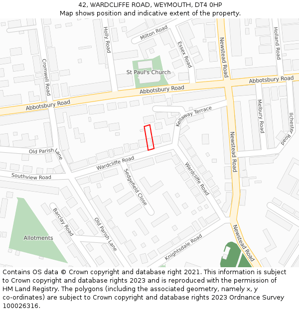 42, WARDCLIFFE ROAD, WEYMOUTH, DT4 0HP: Location map and indicative extent of plot