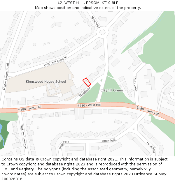 42, WEST HILL, EPSOM, KT19 8LF: Location map and indicative extent of plot