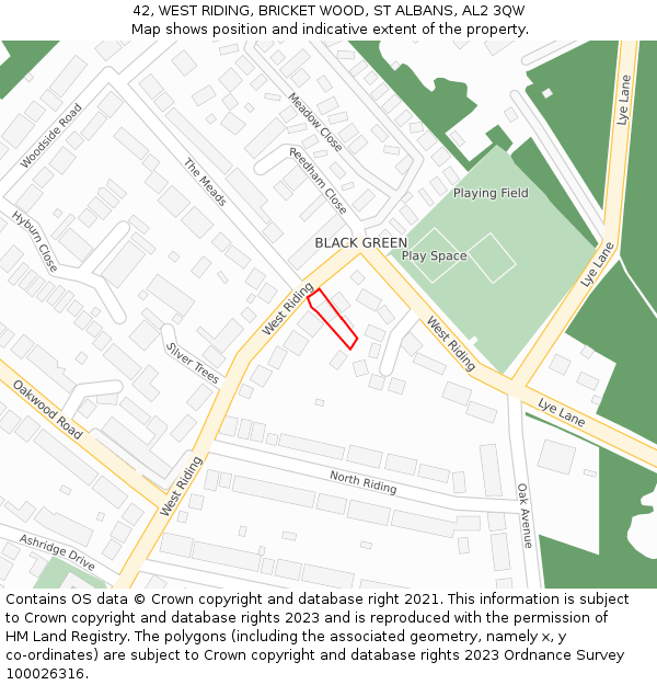 42, WEST RIDING, BRICKET WOOD, ST ALBANS, AL2 3QW: Location map and indicative extent of plot