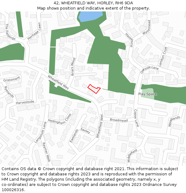 42, WHEATFIELD WAY, HORLEY, RH6 9DA: Location map and indicative extent of plot