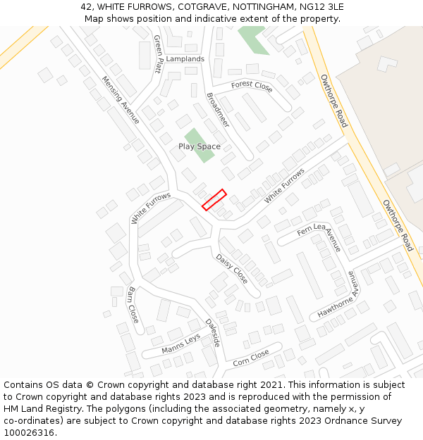 42, WHITE FURROWS, COTGRAVE, NOTTINGHAM, NG12 3LE: Location map and indicative extent of plot