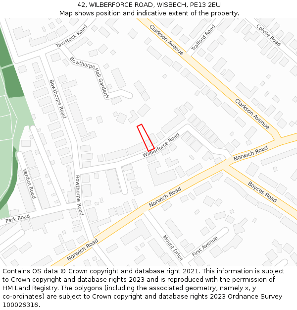 42, WILBERFORCE ROAD, WISBECH, PE13 2EU: Location map and indicative extent of plot