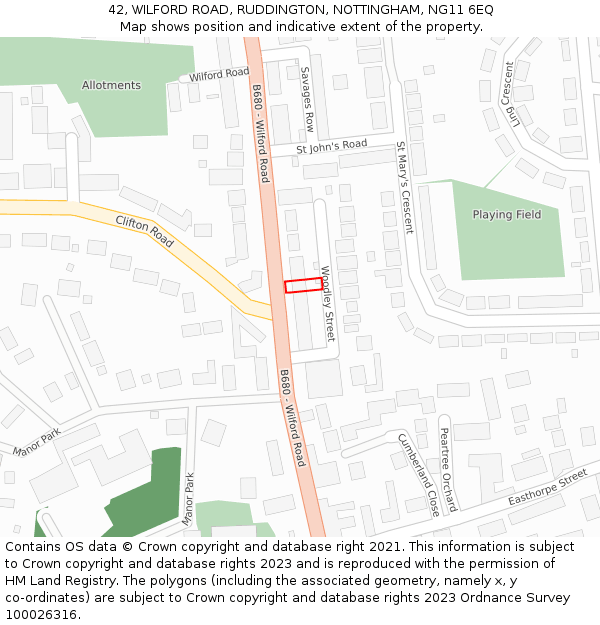 42, WILFORD ROAD, RUDDINGTON, NOTTINGHAM, NG11 6EQ: Location map and indicative extent of plot