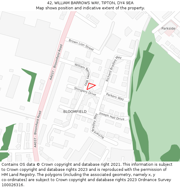 42, WILLIAM BARROWS WAY, TIPTON, DY4 9EA: Location map and indicative extent of plot