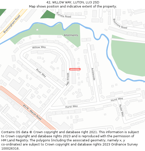 42, WILLOW WAY, LUTON, LU3 2SD: Location map and indicative extent of plot