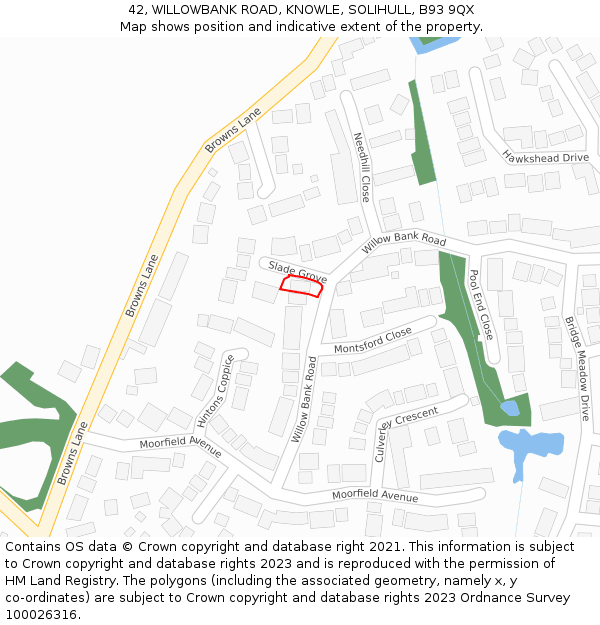 42, WILLOWBANK ROAD, KNOWLE, SOLIHULL, B93 9QX: Location map and indicative extent of plot