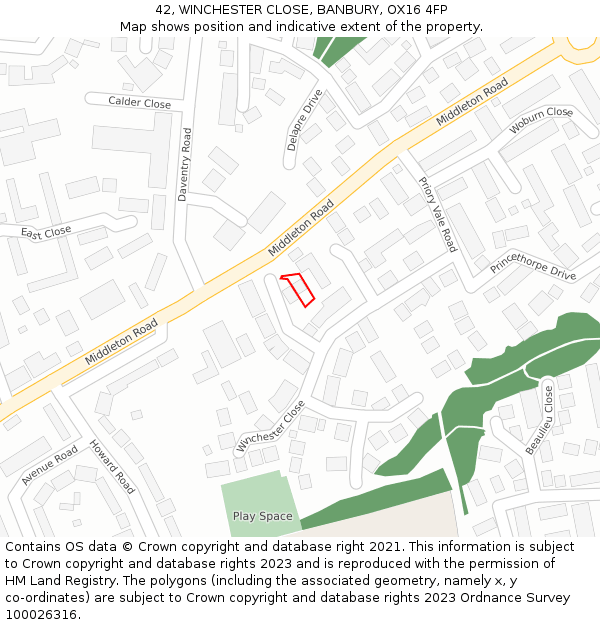 42, WINCHESTER CLOSE, BANBURY, OX16 4FP: Location map and indicative extent of plot