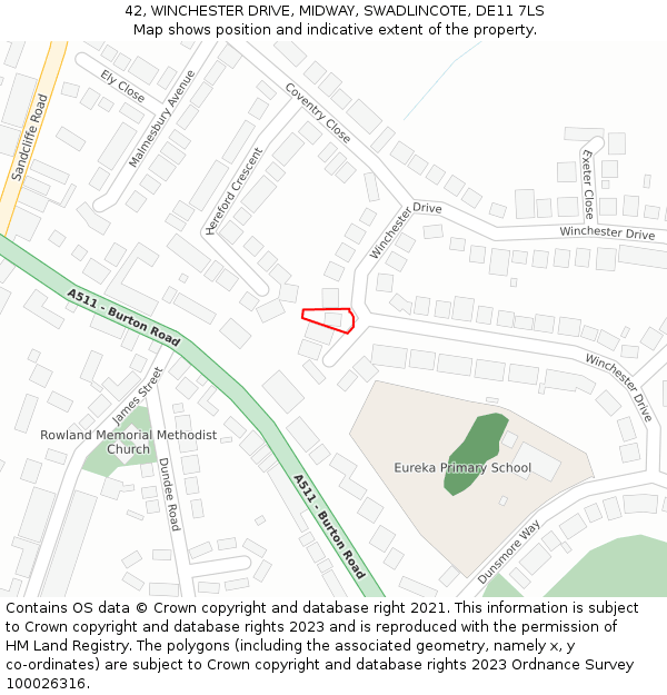 42, WINCHESTER DRIVE, MIDWAY, SWADLINCOTE, DE11 7LS: Location map and indicative extent of plot