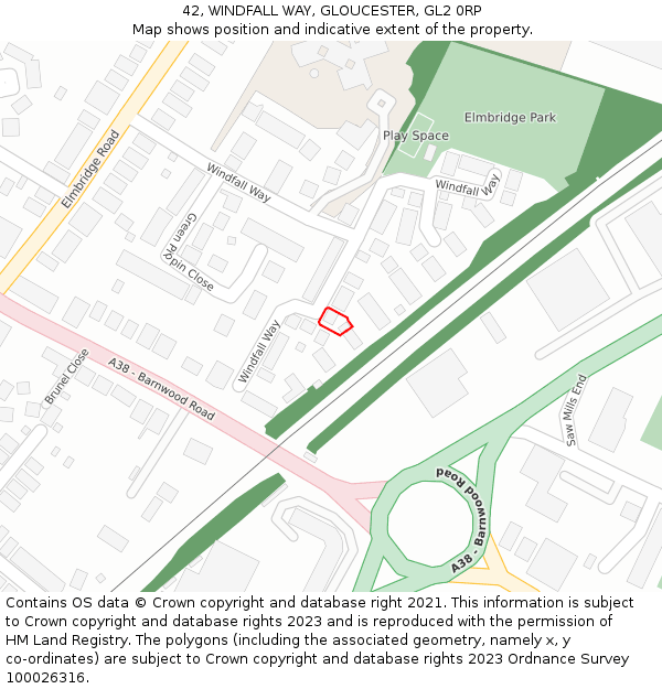 42, WINDFALL WAY, GLOUCESTER, GL2 0RP: Location map and indicative extent of plot