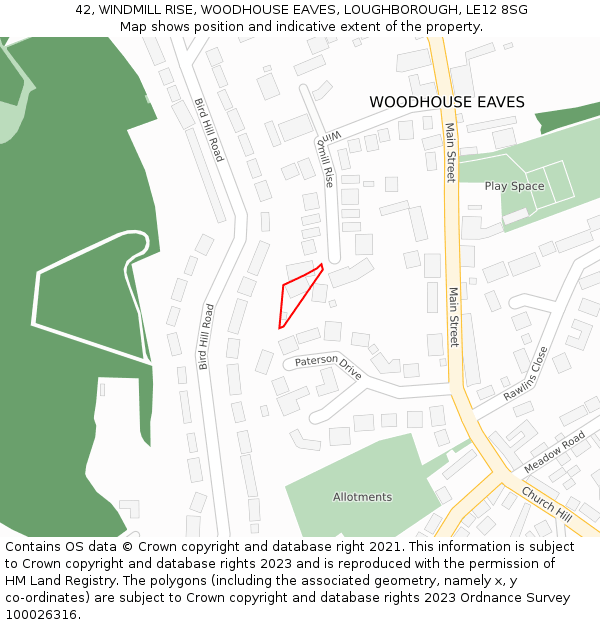 42, WINDMILL RISE, WOODHOUSE EAVES, LOUGHBOROUGH, LE12 8SG: Location map and indicative extent of plot