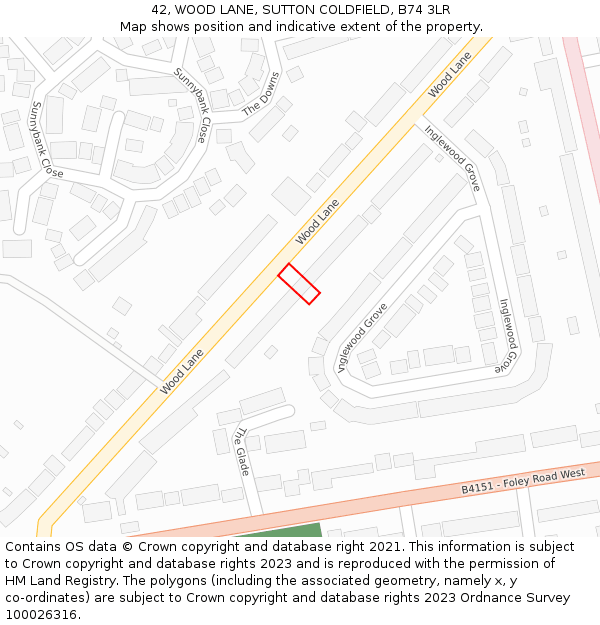 42, WOOD LANE, SUTTON COLDFIELD, B74 3LR: Location map and indicative extent of plot