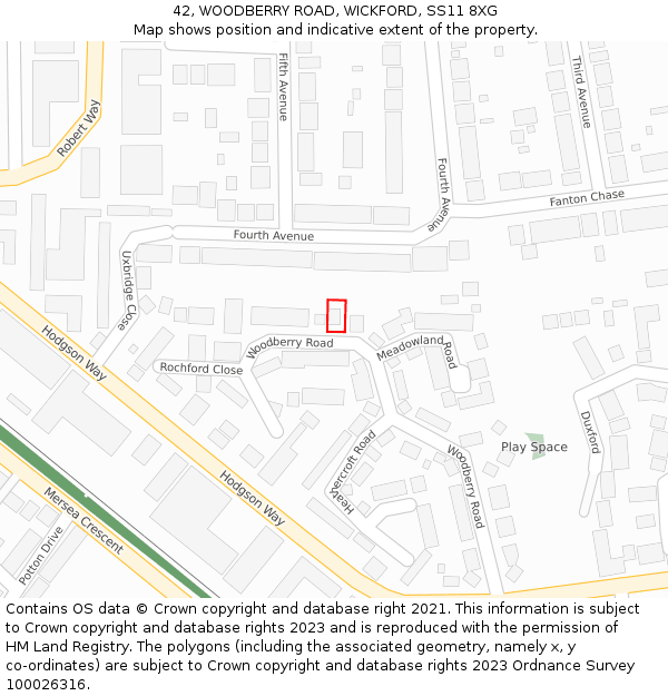 42, WOODBERRY ROAD, WICKFORD, SS11 8XG: Location map and indicative extent of plot